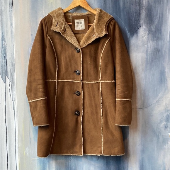 Vintage ESPRIT Brown Teddy Jacket with Faux Fur Hoodie Tan Size Large - Picture 1 of 10